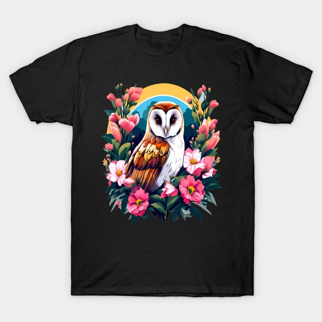 Cute European Barn Owl Surrounded by Bold Vibrant Spring Flowers T-Shirt by BirdsnStuff